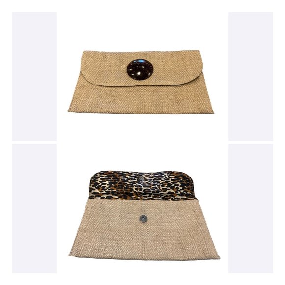 Unbranded Handbags - Natural Woven Jute Envelope Clutch Leopard Lined with Coconut Shell Button
